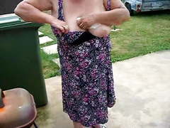 Grandma pee and show tits